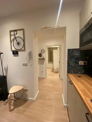 a living room with a hallway with a bike on the wall at Cozy Flat in Brussels