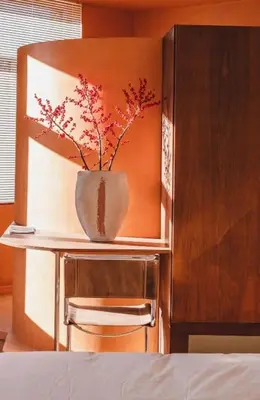 a vase sitting on top of a shelf with a plant at Your colourful Antwerp Oasis in Antwerp