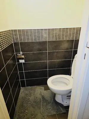 a bathroom with a toilet and black tiles at Luxurious 3 in Brussels