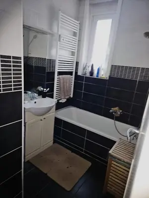 a black and white bathroom with a sink and a tub at Luxurious 3 in Brussels