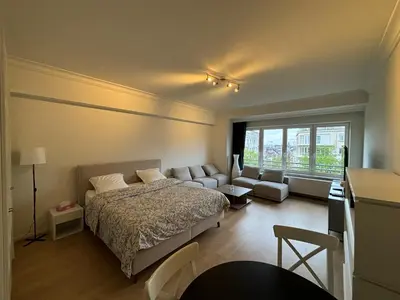 a bedroom with a bed and a couch and a window at Studio Winston Churchill in Brussels