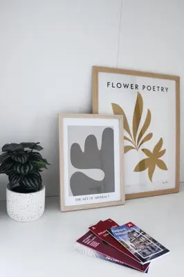 a picture frame on a shelf with a plant and books at Sunny Apartment - Zuid Retreat 1BR Apartment near Scheldt River in Antwerp