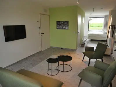 a living room with a couch and chairs and a tv at Trionfo in Gaasbeek