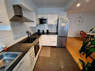 a kitchen with a stainless steel refrigerator and a sink at Le cocon du midi - Appartement Cosy in Brussels