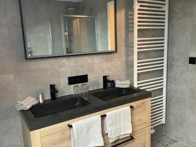 a bathroom with a black sink and a mirror at B&B Schaliëndak in Kortenberg