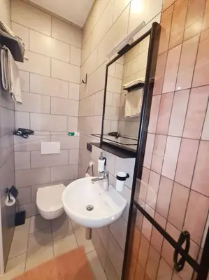 a small bathroom with a sink and a toilet at Magnolia Pink Studio New and fully equipped in Brussels