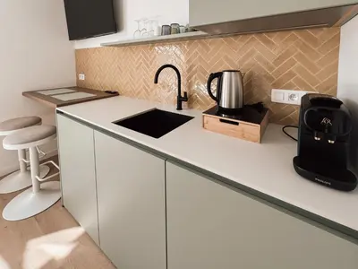 a kitchen with a sink and a coffee maker on a counter at Business Accommodation 'Scandinavian Living' Nomad in Geel