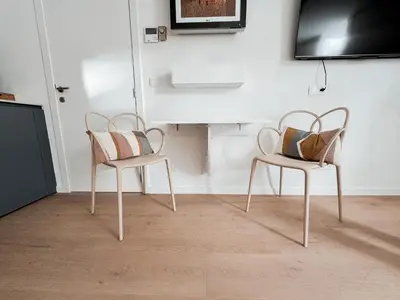 two chairs with pillows sitting in a room at Business Accommodation 'Flow Living' Nomad in Geel