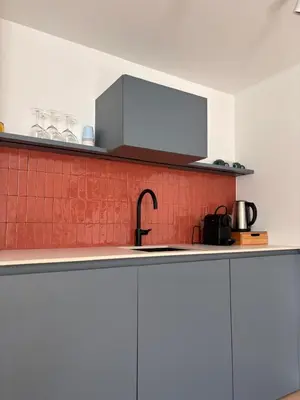 a kitchen with a sink and a red tiled wall at Business Accommodation 'Flow Living' Nomad in Geel
