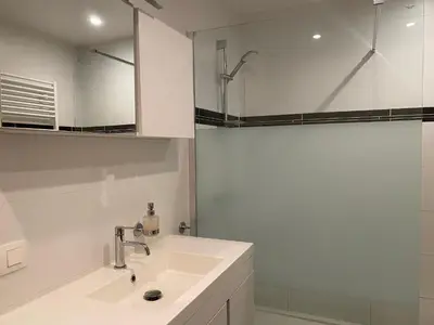a white bathroom with a sink and a shower at Molenbaan28 in Merchtem