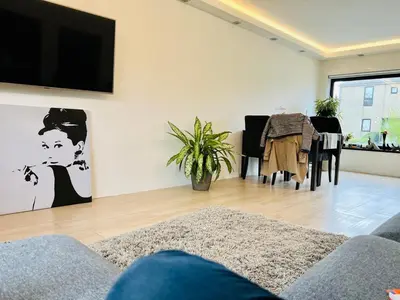 a living room with a couch and a tv on a wall at Town house with garden - 1 room with shared bathroom in Brussels