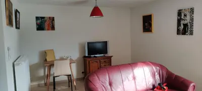 a living room with a red leather couch and a television at Docs House in Wetteren