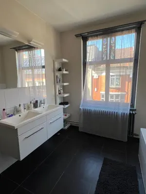 a bathroom with a sink and a large window at Ces Home Centrum in Ghent