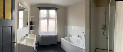 a bathroom with a tub and a sink and a window at Ces Home Centrum in Ghent