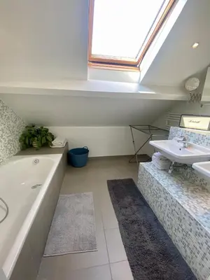 a bathroom with a bath tub and a sink at Stijlvolle duplex nabij Brussel en luchthaven! in Meise