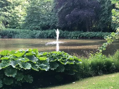 a fountain in the middle of a pond in a garden at The Cottage in Merelbeke