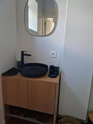 a bathroom sink with a mirror on top of a dresser at De Mispel in Groot Schaddeken Dries