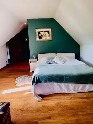 a bedroom with a large bed with a green wall at Zenitude in Tremelo