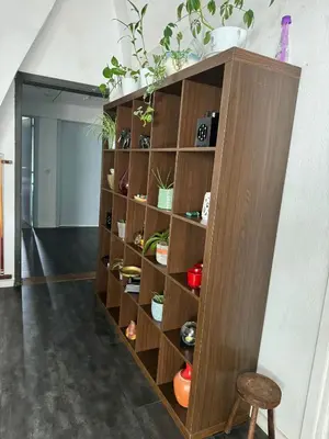 a wooden book shelf with potted plants on it at Nilvaevents in Duffel