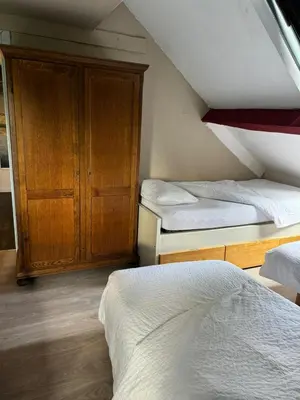 a bedroom with two beds and a wooden cabinet at Nilvaevents in Duffel