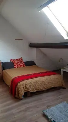 a bedroom with a bed with a red blanket at Duplex 3 chambres à Saint-Gilles in Brussels