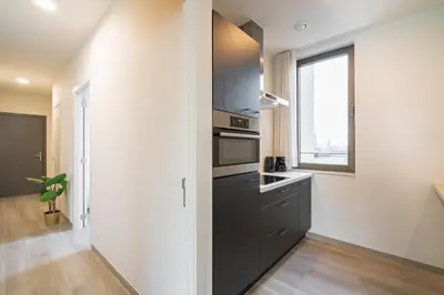 a kitchen with black cabinets and a window at Opera Apartments in the Center of Antwerp in Antwerp
