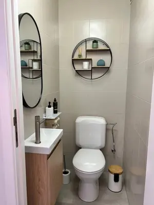 a bathroom with a toilet and a sink and a mirror at Friends & Family Brussels Atomium 6-8 pers in Grimbergen
