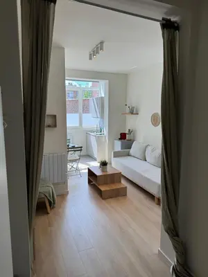 a living room with a couch and a table at Superbe appartement une chambre in Brussels