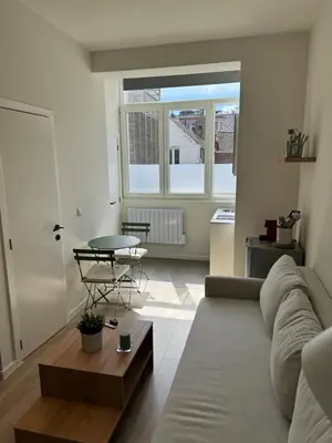 a living room with a couch and a table at Superbe appartement une chambre in Brussels