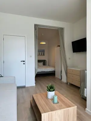 a living room with a coffee table and a bedroom at Superbe appartement une chambre in Brussels