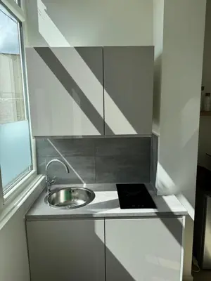 a small kitchen with a sink and a window at Superbe appartement une chambre in Brussels
