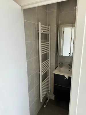 a bathroom with a sink and a mirror at Superbe appartement une chambre in Brussels
