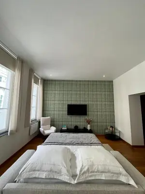 a bedroom with a large bed and a television at Stilias Apartment 4P Brussels City in Brussels