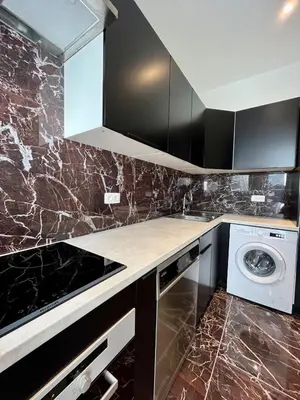 a kitchen with a sink and a washer and dryer at Stilias Apartment 4P Brussels City in Brussels