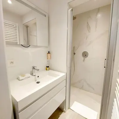 a white bathroom with a sink and a shower at New Luxe Grand place Apartment in Brussels