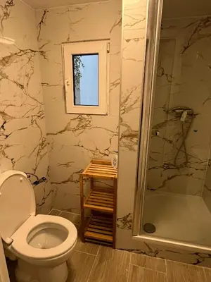 a bathroom with a toilet and a shower at Rue blaes Appartement in Brussels