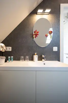a bathroom with a sink and a mirror at B&B Art'Aviation in Beauvechain
