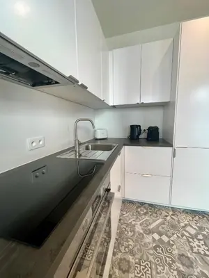 a kitchen with white cabinets and a sink at Stilias Apartment 6P City Center in Brussels