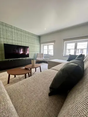 a living room with a couch and a flat screen tv at Stilias Apartment 6P City Center in Brussels