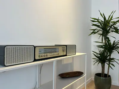 a radio sitting on a shelf next to a plant at House of Legend in Antwerp