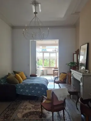 a bedroom with a bed and a chandelier at Appartement Voltaire in Brussels