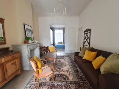a living room with a couch and a fireplace at Appartement Voltaire in Brussels