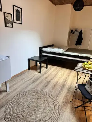 a room with a bed and a table and a rug at Studio n3 Bruxelles Centre Ville in Brussels