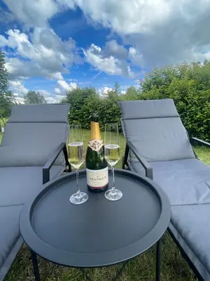 a bottle of wine and two glasses on a table at Villa Flandre in Berlare