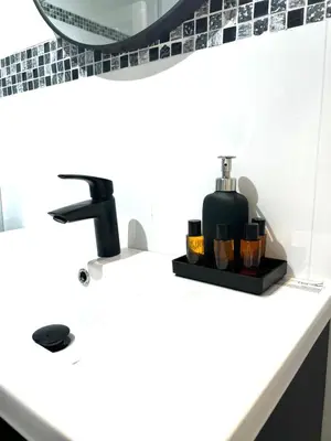 a bathroom sink with a soap dispenser on it at Wolu suites in Brussels
