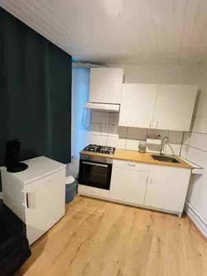 a small kitchen with white cabinets and a sink at Heart of Antwerp in Antwerp