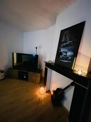 a living room with a television and a light on the floor at Heart of Antwerp in Antwerp