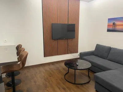 a living room with a couch and a flat screen tv at Boutique Diamond Apartments in Antwerp
