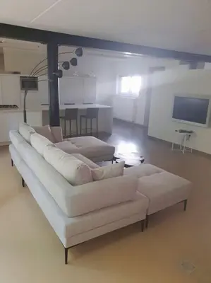 a living room with a white couch and a television at Portus Ganda in Ghent