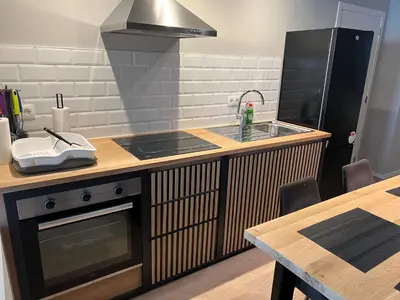 a kitchen with a sink and a stove top oven at Appartement Martine in Brussels